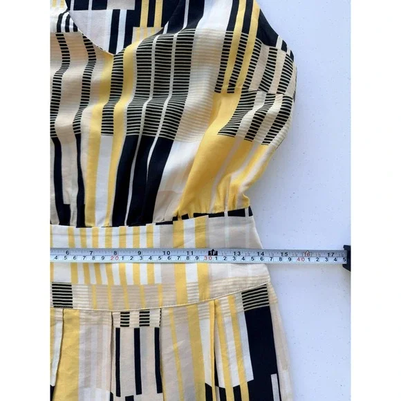 Anthropologie Maeve Silk Yellow Black Geometric Midi Dress 0 Pockets Mod - Picture 7 of 9